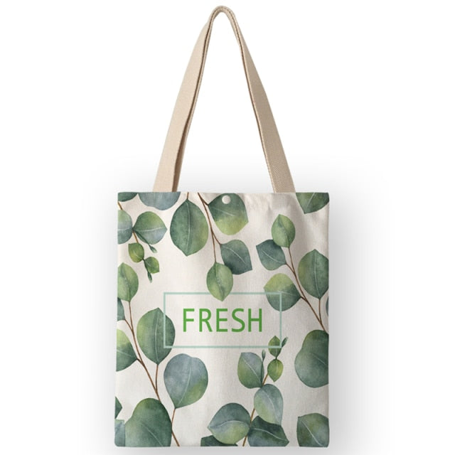 Tropical Plant Print Canvas Bags Women Handbags Eco Foldable Shopping Bags School Shoulder Book Bag
